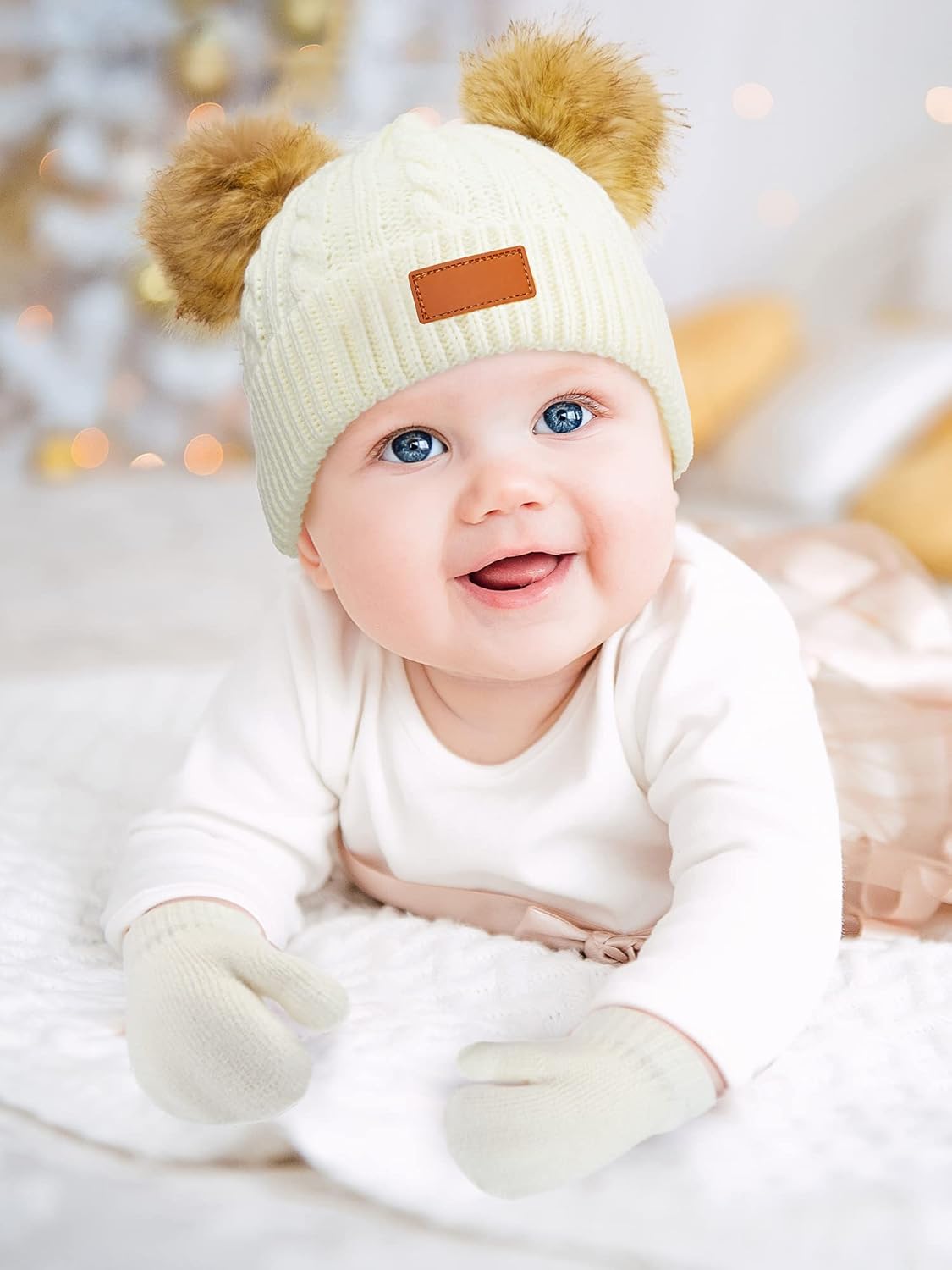 3 Set Toddler Hat Glove Set, Kids Winter Hats Warm Knitted Beanie Mittens Gloves with Bow for Baby Girls Boys 0-6Y (White, Gray, Black)