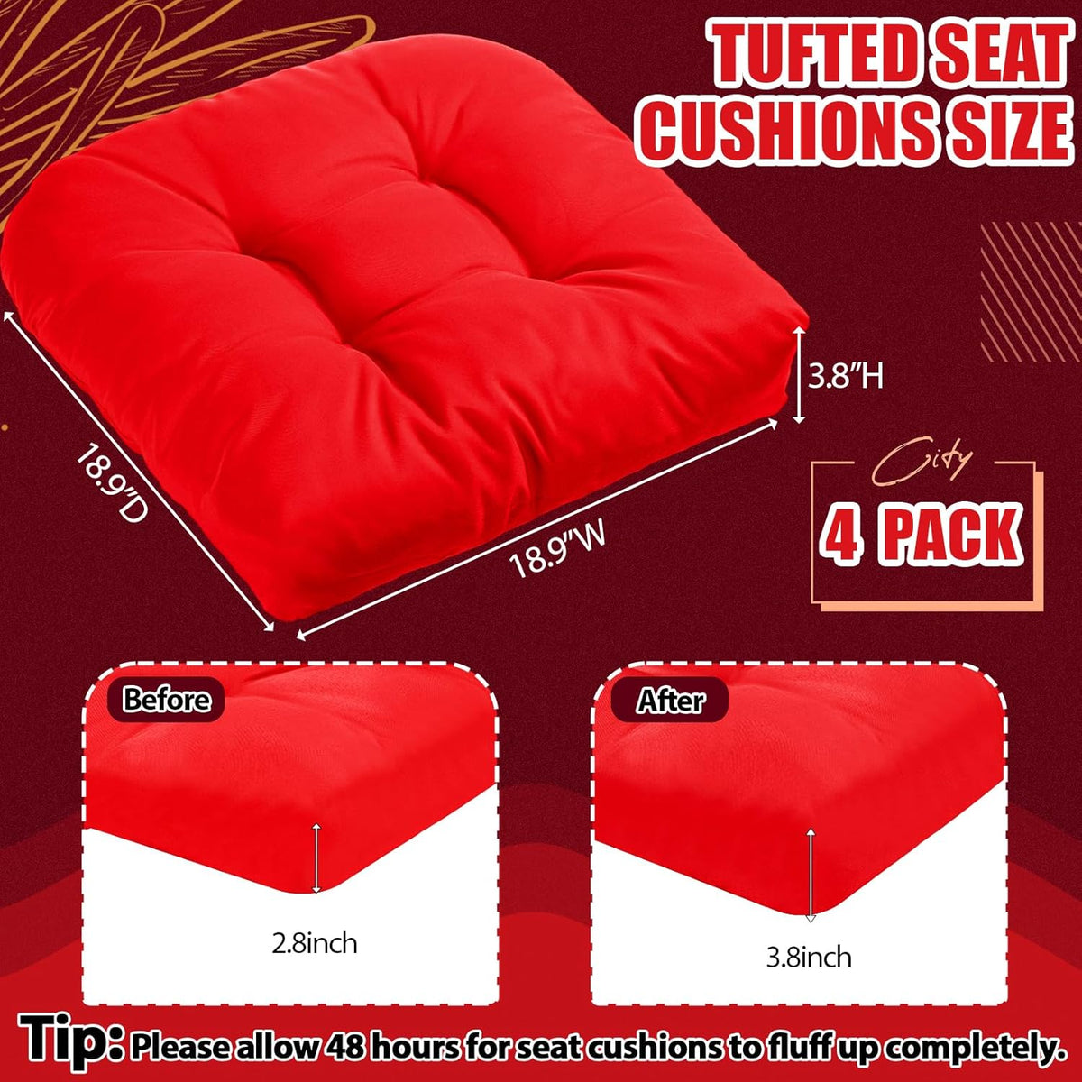 4 Pcs Outdoor Chair Cushions 18.9 x 18.9 Inch Waterproof Sun Protection Patio Furniture Overstuffed Seat Cushion Chair Pad with Round Corner for Indoor(Red)