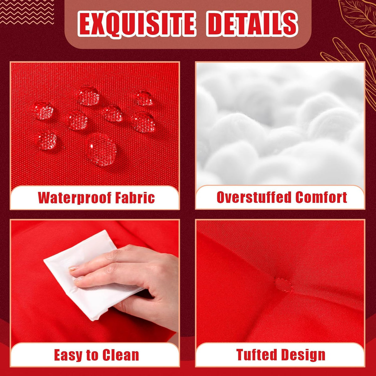 4 Pcs Outdoor Chair Cushions 18.9 x 18.9 Inch Waterproof Sun Protection Patio Furniture Overstuffed Seat Cushion Chair Pad with Round Corner for Indoor(Red)