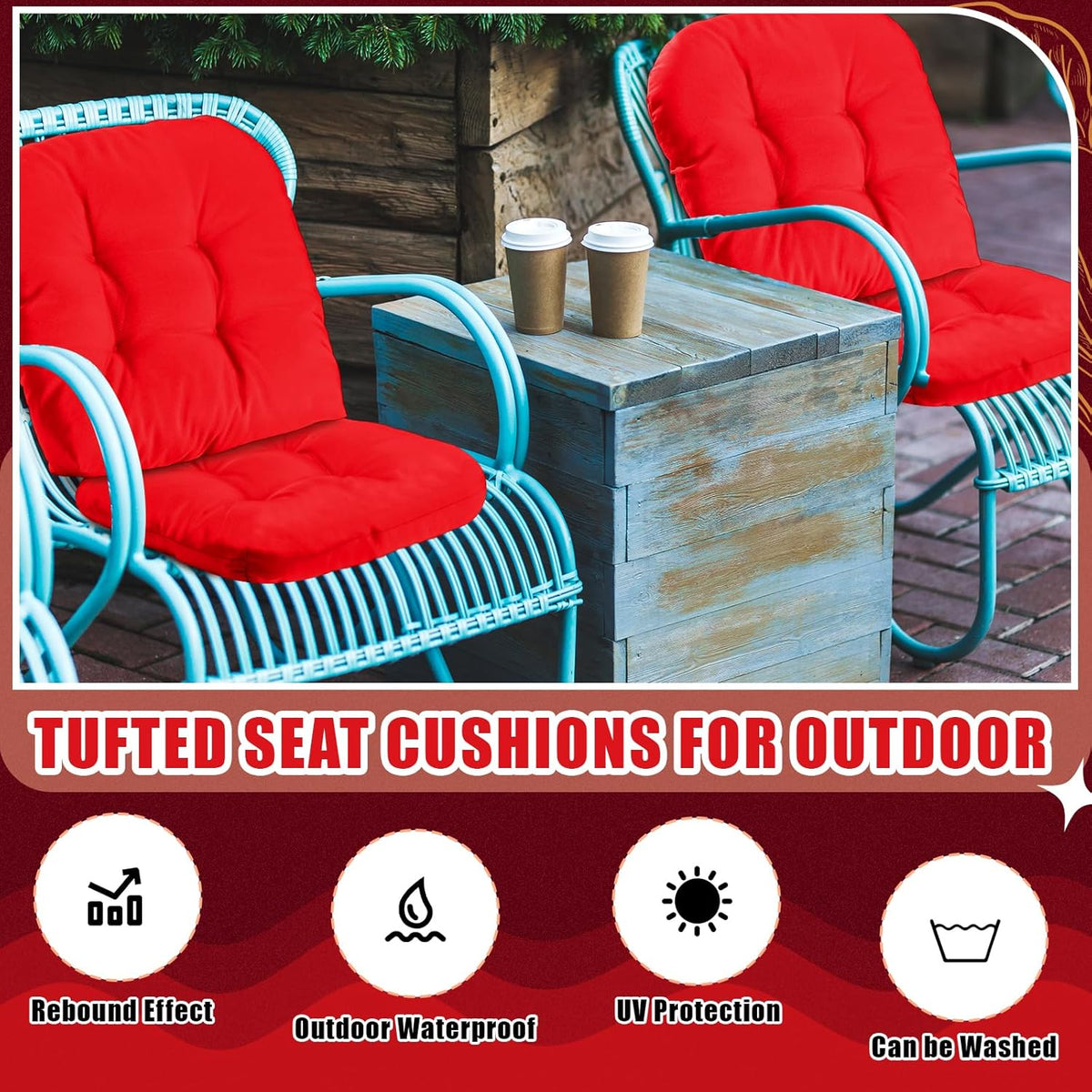4 Pcs Outdoor Chair Cushions 18.9 x 18.9 Inch Waterproof Sun Protection Patio Furniture Overstuffed Seat Cushion Chair Pad with Round Corner for Indoor(Red)
