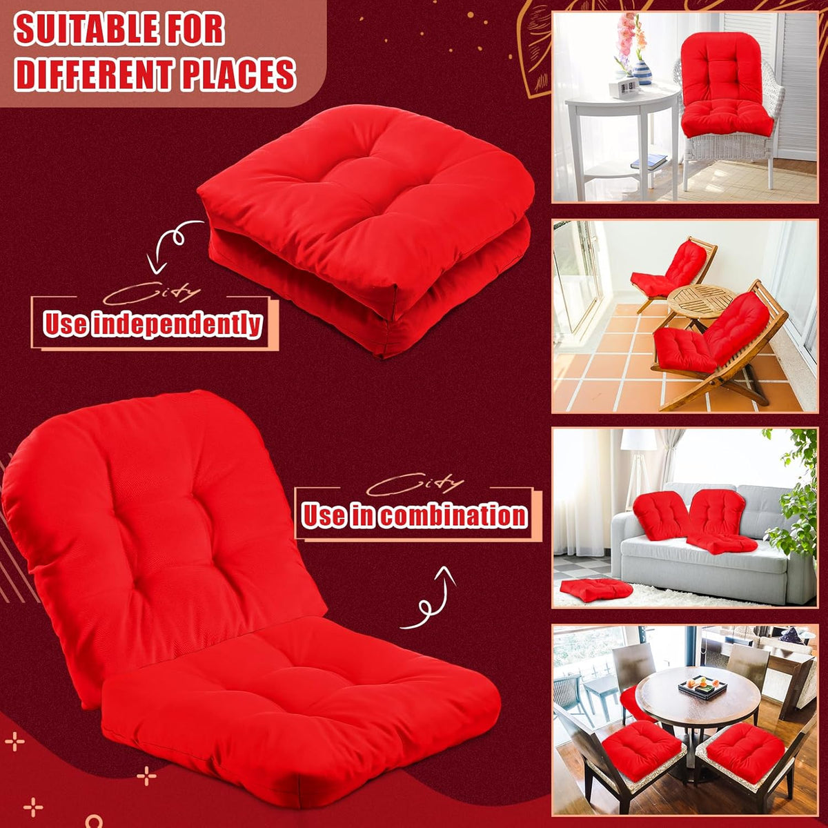 4 Pcs Outdoor Chair Cushions 18.9 x 18.9 Inch Waterproof Sun Protection Patio Furniture Overstuffed Seat Cushion Chair Pad with Round Corner for Indoor(Red)