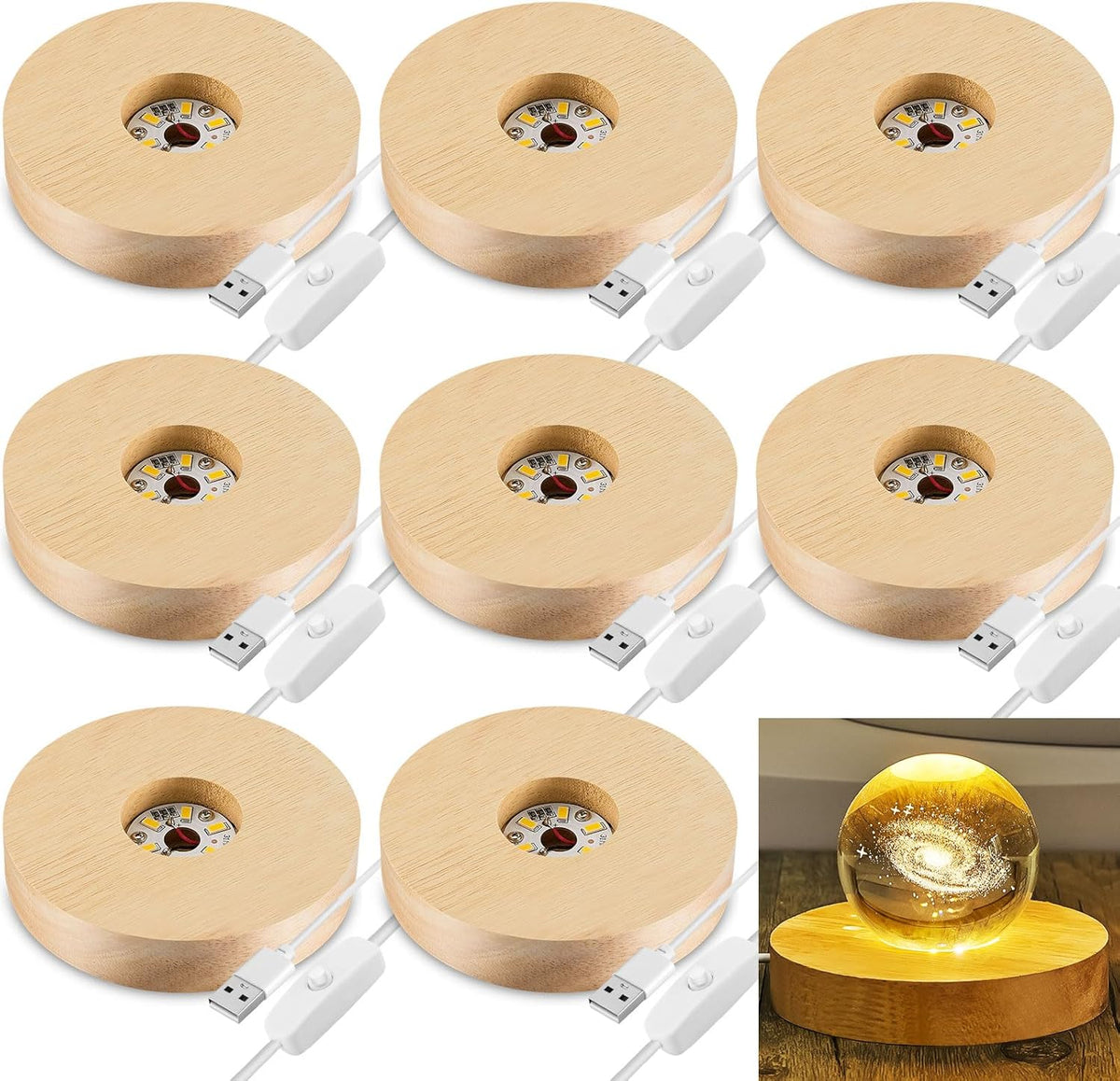 8 Pcs Wooden LED Display Base Lighted Base for Crystal Art Wood Display for Glass Art 3D Crystal Warm Light(Round Surface Style)
