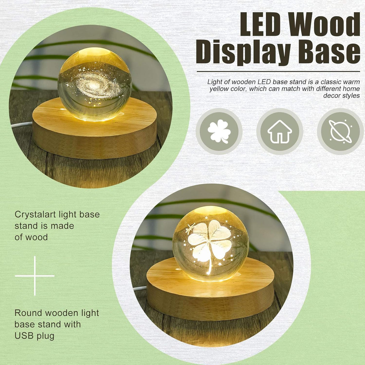 8 Pcs Wooden LED Display Base Lighted Base for Crystal Art Wood Display for Glass Art 3D Crystal Warm Light(Round Surface Style)