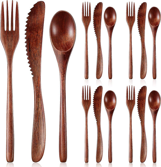 12 Pcs Wooden Utensils for Eating Wooden Spoon Fork Knife Cutlery Set Kitchen Wood Dinner Flatware Tableware Set Includes Spoon, Fork, Knife