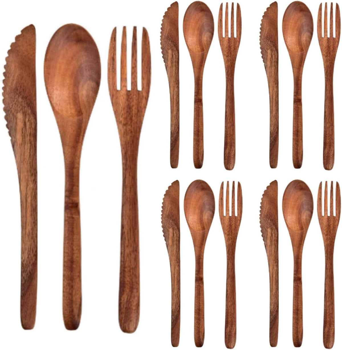 12 Pcs Wooden Utensils for Eating Set Wooden Spoon Fork Knife Cutlery Set Kitchen Wood Utensils Dinner Flatware Tableware (Teak Wood)