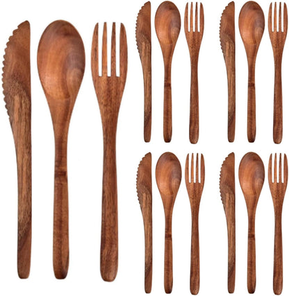 12 Pcs Wooden Utensils for Eating Set Wooden Spoon Fork Knife Cutlery Set Kitchen Wood Utensils Dinner Flatware Tableware (Teak Wood)