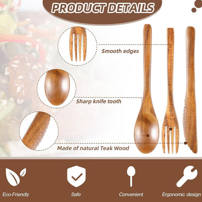 12 Pcs Wooden Utensils for Eating Set Wooden Spoon Fork Knife Cutlery Set Kitchen Wood Utensils Dinner Flatware Tableware (Teak Wood)