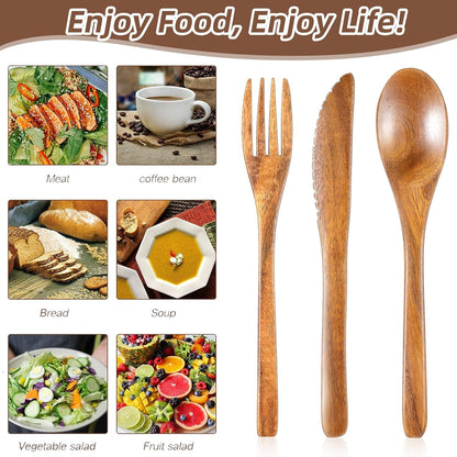 12 Pcs Wooden Utensils for Eating Set Wooden Spoon Fork Knife Cutlery Set Kitchen Wood Utensils Dinner Flatware Tableware (Teak Wood)