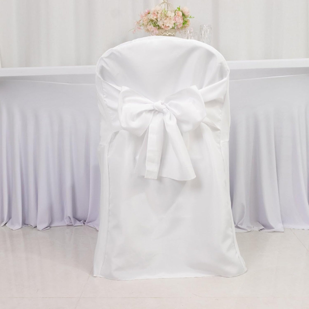 Efavormart 10 Pack White Linen Polyester Folding Chair Covers for Party Dining Chairs Reusable Wedding Chair Slipcovers with Attached Sashes Outdoor Event Decor