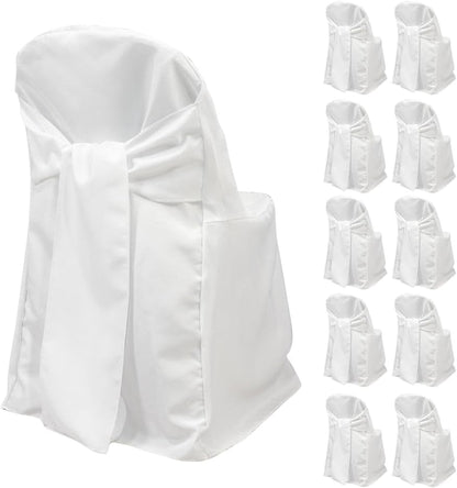 Efavormart 10 Pack White Linen Polyester Folding Chair Covers for Party Dining Chairs Reusable Wedding Chair Slipcovers with Attached Sashes Outdoor Event Decor