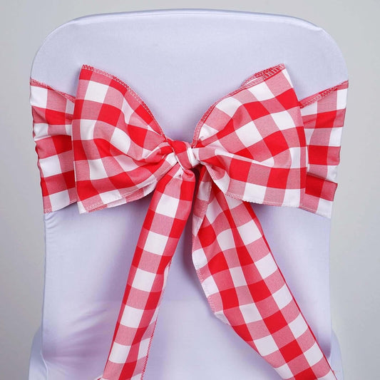 Efavormart 25 PCS Red/White Gingham Polyester Chair Sash Bowtie for Wedding Events Chair Bow Sash Party Decoration Supplies