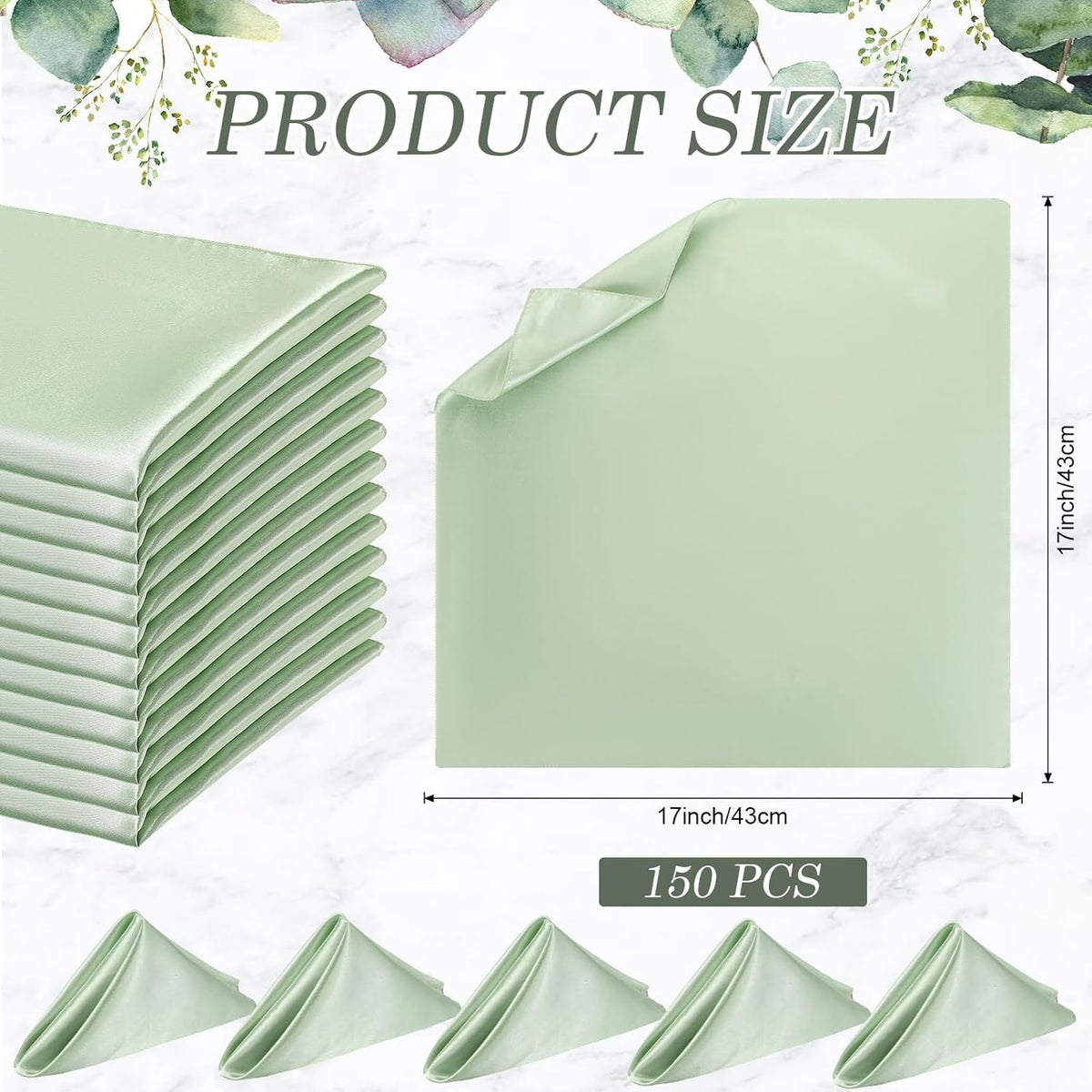 150 Pcs Satin Napkin Bulk 17 x 17 Inch Square Silk Table Napkin Soft Dinner Napkins Decor Elegant Satin Weddings Party Napkin for Wedding Parties Banquet Restaurant Decoration Supplies (Sage Green)