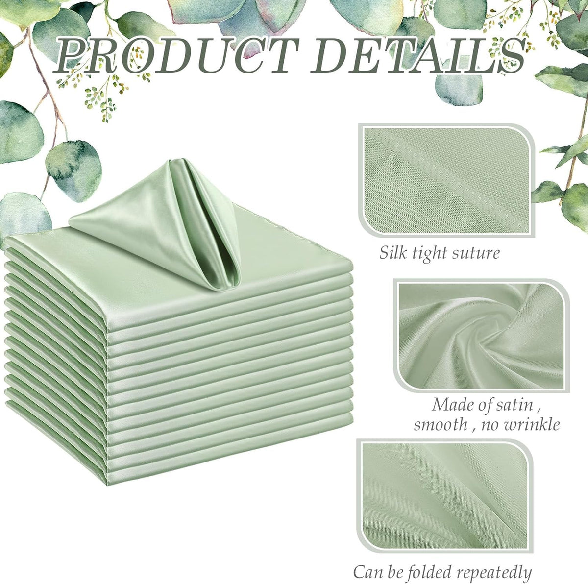 150 Pcs Satin Napkin Bulk 17 x 17 Inch Square Silk Table Napkin Soft Dinner Napkins Decor Elegant Satin Weddings Party Napkin for Wedding Parties Banquet Restaurant Decoration Supplies (Sage Green)