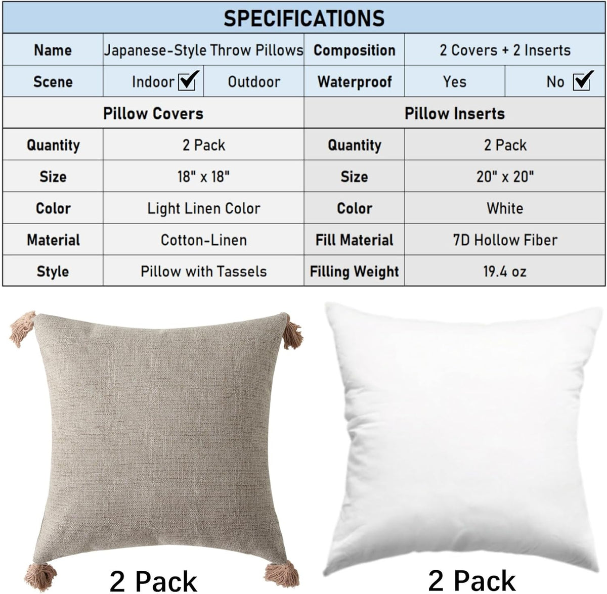 18" x 18" Decorative Throw Pillow with Inserts, Set of 2 Farmhouse Neutral Couch Throw Pillows with Tassels, Square Boho Pillow for Couch, Bed, Sofa Decor (Khaki, 18" x 18"(Pack of 2))