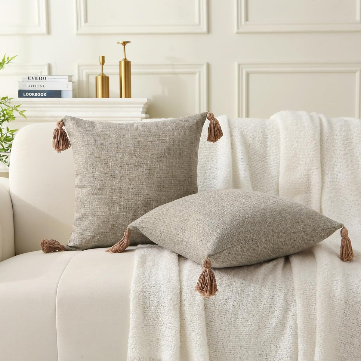 18" x 18" Decorative Throw Pillow with Inserts, Set of 2 Farmhouse Neutral Couch Throw Pillows with Tassels, Square Boho Pillow for Couch, Bed, Sofa Decor (Khaki, 18" x 18"(Pack of 2))