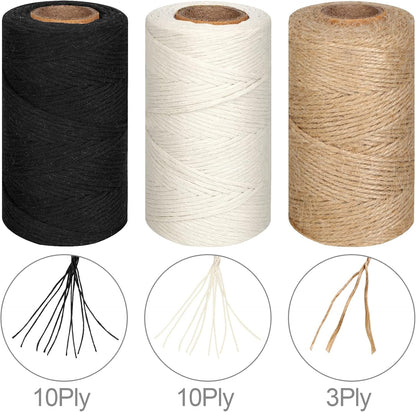 984 Ft Twine String, Natural Jute Twine, 2mm White Cotton Rope, 10ply Black Cotton for Crafts, Art, Gardening Plants, Gift Wrapping, Decoration, Packing String Bulk(3 Rolls)