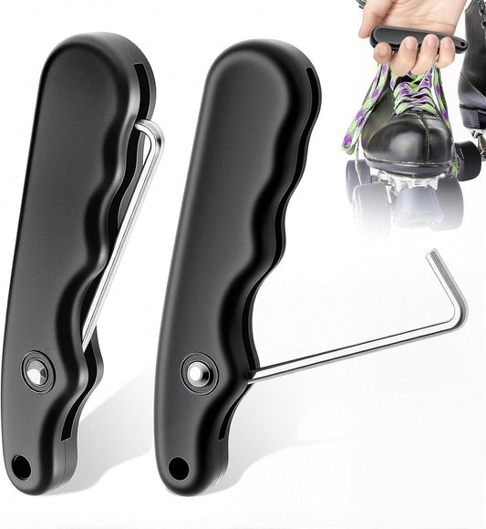 2 Pieces Folding Shoe Lace Puller, Stainless Steel Hockey Skate Lace Tightening Tool, Portable Black Boot Lace Tightener for Ice Skates & Figure Skates Lace Tightener