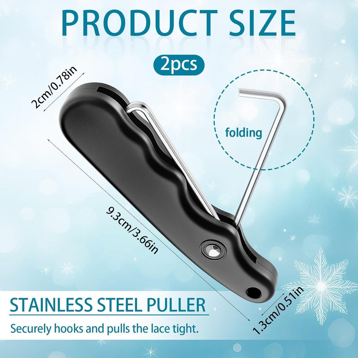2 Pieces Folding Shoe Lace Puller, Stainless Steel Hockey Skate Lace Tightening Tool, Portable Black Boot Lace Tightener for Ice Skates & Figure Skates Lace Tightener