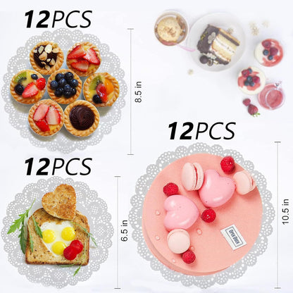 Paper Doilies, 36 Pack (12 Each 6.5”, 8.5”, 10.5”) – Round Lace Paper Placemats for Cakes, Dessert Trays & Table Decor | Doilies for Thanksgiving Day, Wedding, Tea Party, Crafts