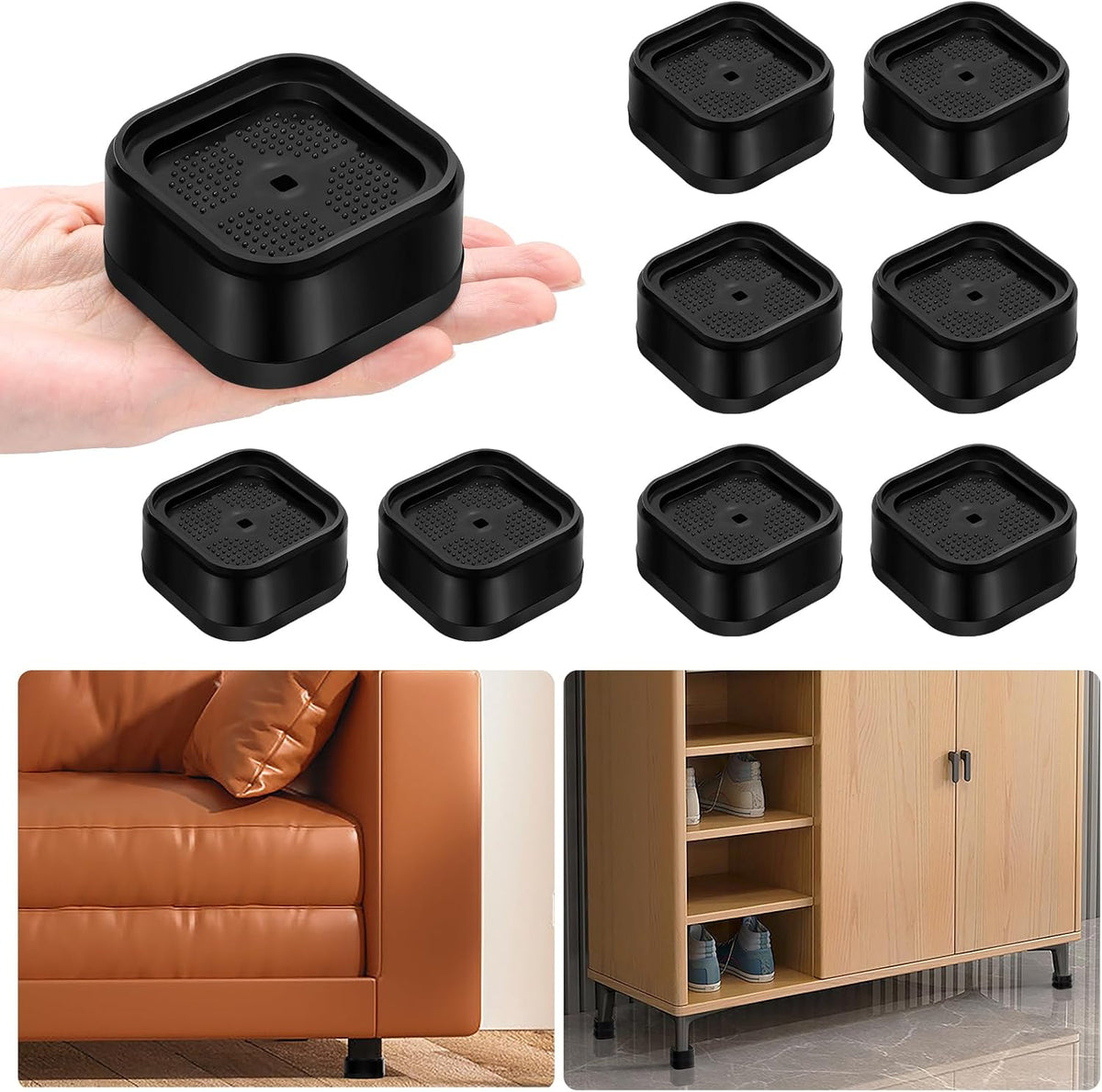 8 Pack Furniture Risers Adjtable Bed Risers Heavy Duty Lifts Height 1", Square Stackable Bed Risers 1, 2 or 3 Inch for Desk Leg Table Couch Sofa Chair Bed Frame Legs Dorm, Black