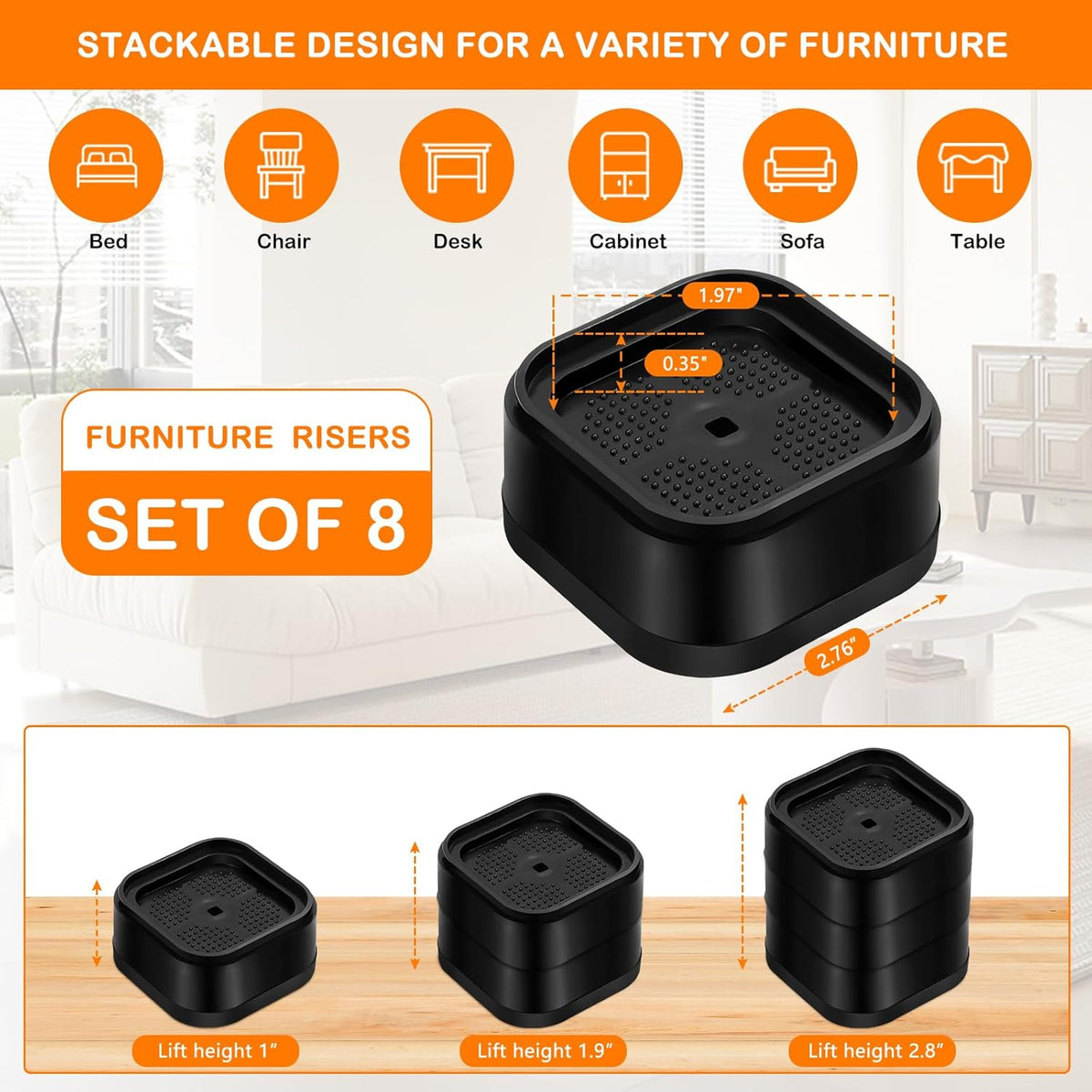 8 Pack Furniture Risers Adjtable Bed Risers Heavy Duty Lifts Height 1", Square Stackable Bed Risers 1, 2 or 3 Inch for Desk Leg Table Couch Sofa Chair Bed Frame Legs Dorm, Black