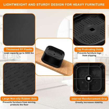 8 Pack Furniture Risers Adjtable Bed Risers Heavy Duty Lifts Height 1", Square Stackable Bed Risers 1, 2 or 3 Inch for Desk Leg Table Couch Sofa Chair Bed Frame Legs Dorm, Black