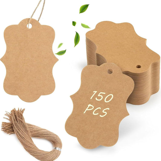 150PCS Brown Paper Kraft Tags,1.9x2.75 inch Scalloped Gift Tags with String for Clothes DIY Crafts Wedding Holiday (Brown)