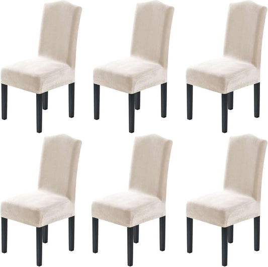 Dining Chair Covers Velvet Stretch Chair Covers for Dining Room Set of 6 Parson Chair Slipcovers Chair Protectors Covers, Soft Thick Solid Velvet Fabric Washable, Ivory