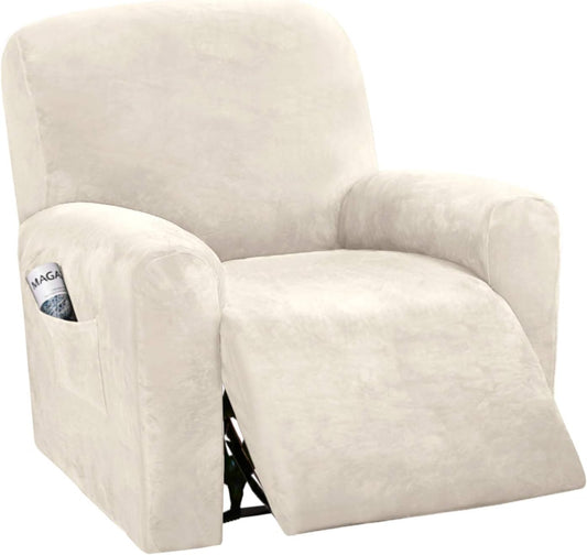 Velvet Stretch Recliner Couch Covers 4-Pieces Style Recliner Chair Covers Recliner Cover for Reclining Chair Slipcovers Feature Non Slip Form Fitted Thick Soft Washable, Ivory