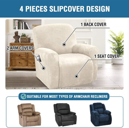 Velvet Stretch Recliner Couch Covers 4-Pieces Style Recliner Chair Covers Recliner Cover for Reclining Chair Slipcovers Feature Non Slip Form Fitted Thick Soft Washable, Ivory