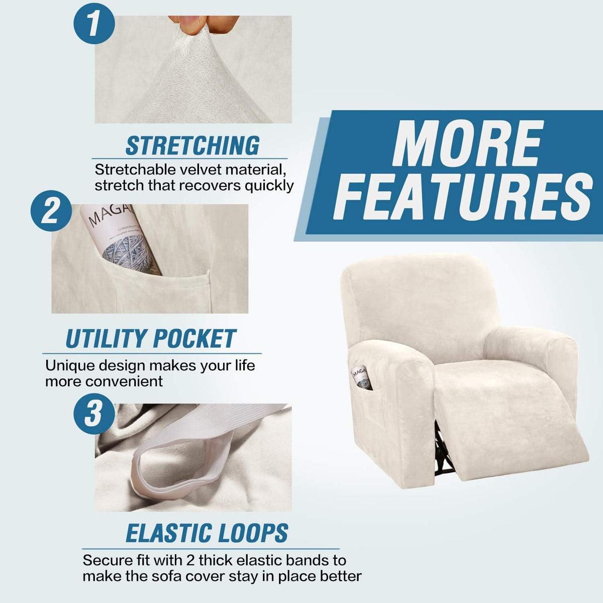 Velvet Stretch Recliner Couch Covers 4-Pieces Style Recliner Chair Covers Recliner Cover for Reclining Chair Slipcovers Feature Non Slip Form Fitted Thick Soft Washable, Ivory