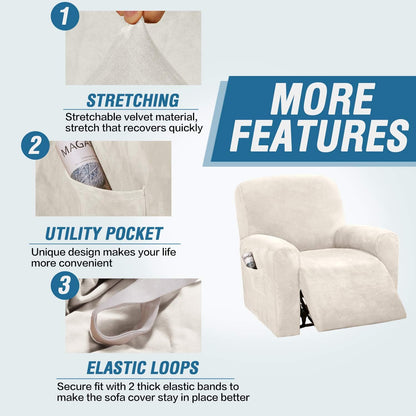 Velvet Stretch Recliner Couch Covers 4-Pieces Style Recliner Chair Covers Recliner Cover for Reclining Chair Slipcovers Feature Non Slip Form Fitted Thick Soft Washable, Ivory