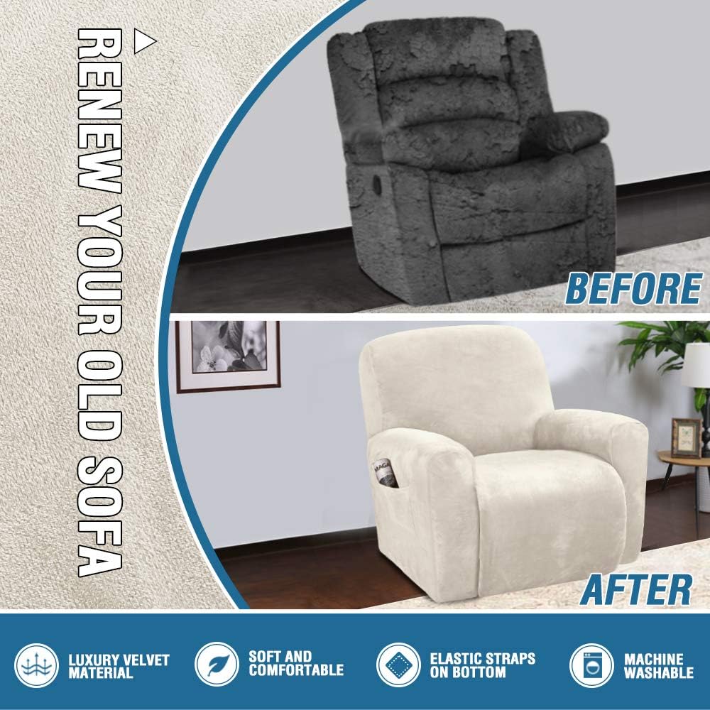 Velvet Stretch Recliner Couch Covers 4-Pieces Style Recliner Chair Covers Recliner Cover for Reclining Chair Slipcovers Feature Non Slip Form Fitted Thick Soft Washable, Ivory