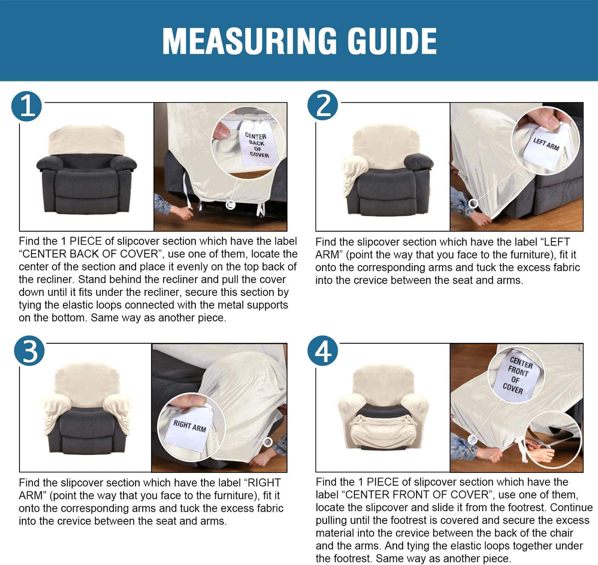 Velvet Stretch Recliner Couch Covers 4-Pieces Style Recliner Chair Covers Recliner Cover for Reclining Chair Slipcovers Feature Non Slip Form Fitted Thick Soft Washable, Ivory