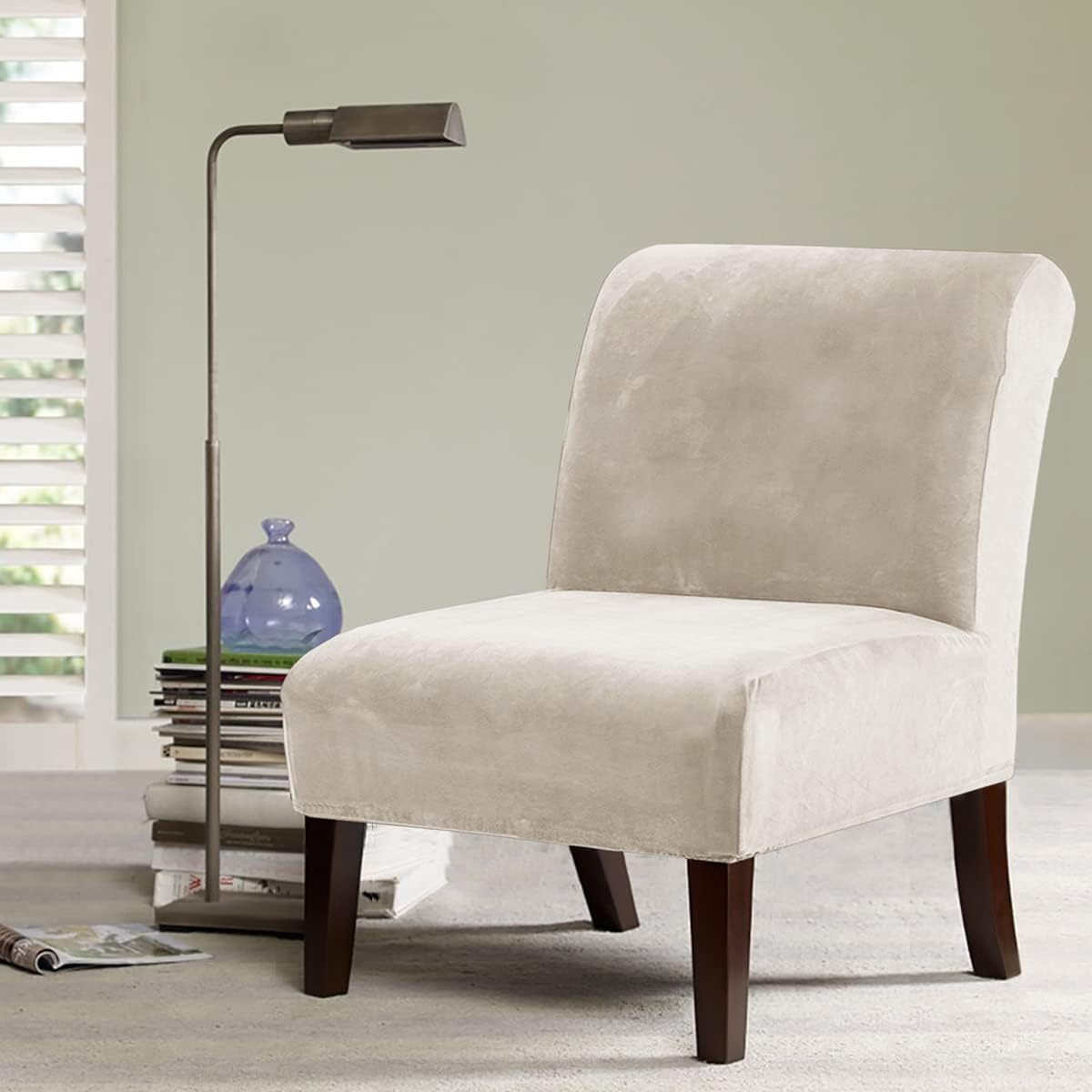Armless Accent Chair Covers Thick Velvet Armless Chair Slipcovers High Stretch Chair Covers for Living Room Hotel Machine Washable Furniture Protector with Elastic Bottom, Ivory