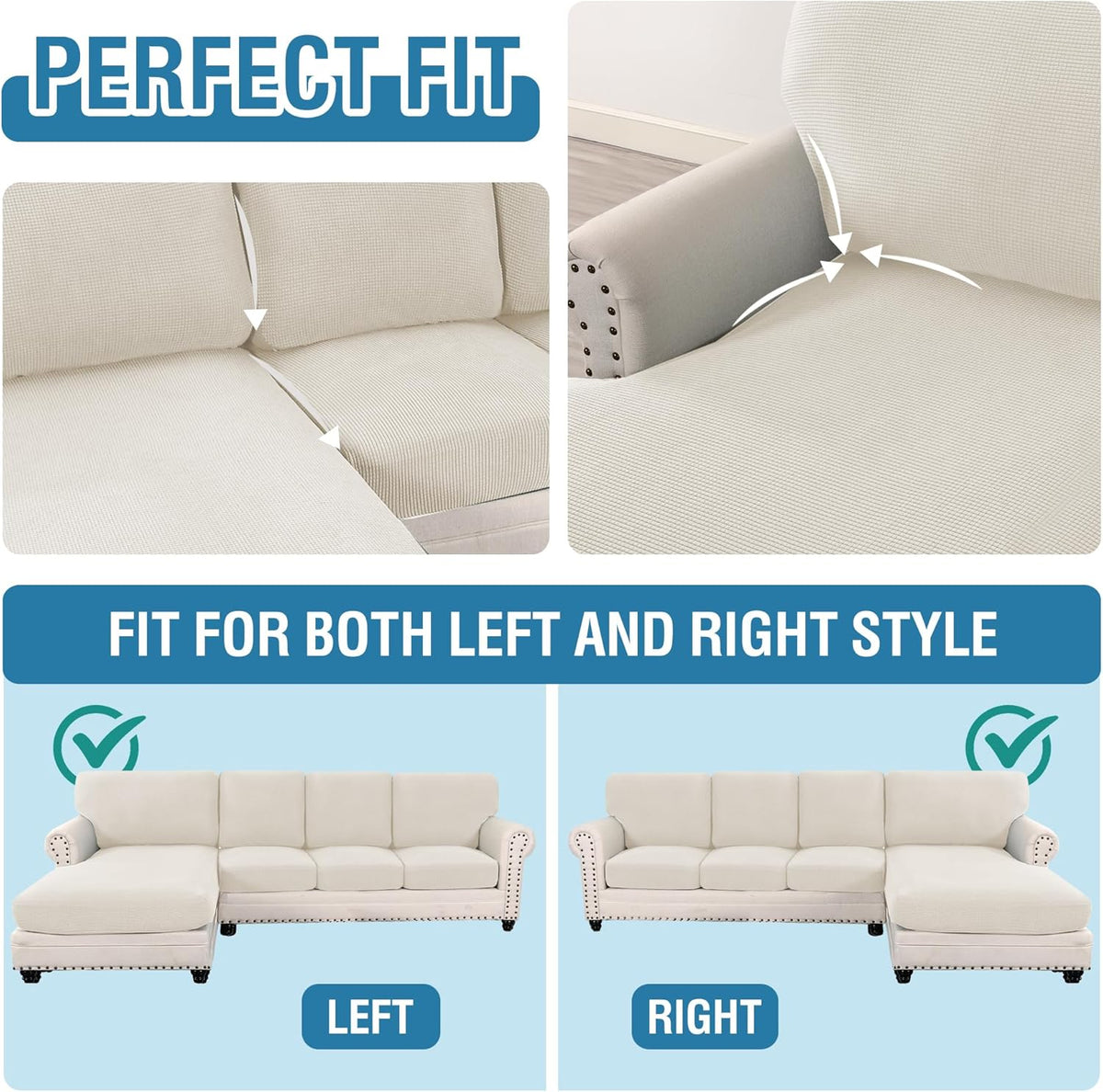 Sectional Couch Covers 8 Pieces Stretch Sofa Covers for Sectional Sofa Set Separate L Shaped Couch Cover for Both Left/Right Couch (Seat and Back: 1 Chaise + 3 Sofa, Ivory)