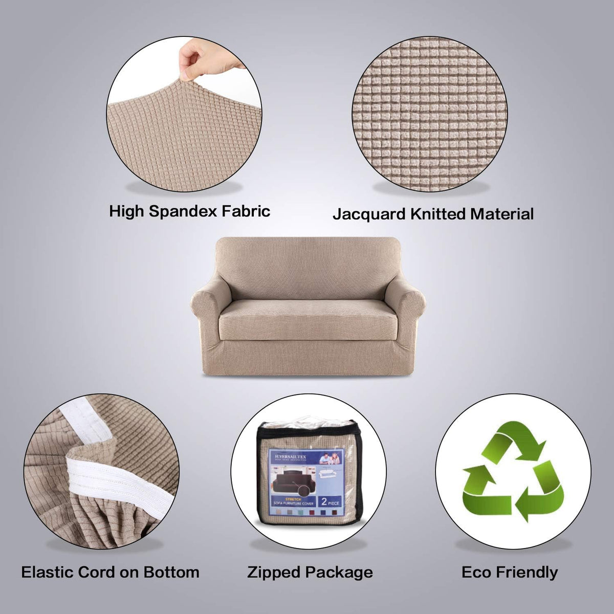 2 Pieces Loveseat Covers Fit Lovesat Width Up to 70 Inch Furniture Cover/Protector, Jacquard Spandex Stretch Loveseat Slipcovers Suit for T Chion/Box Chion (Loveseat, Sand)