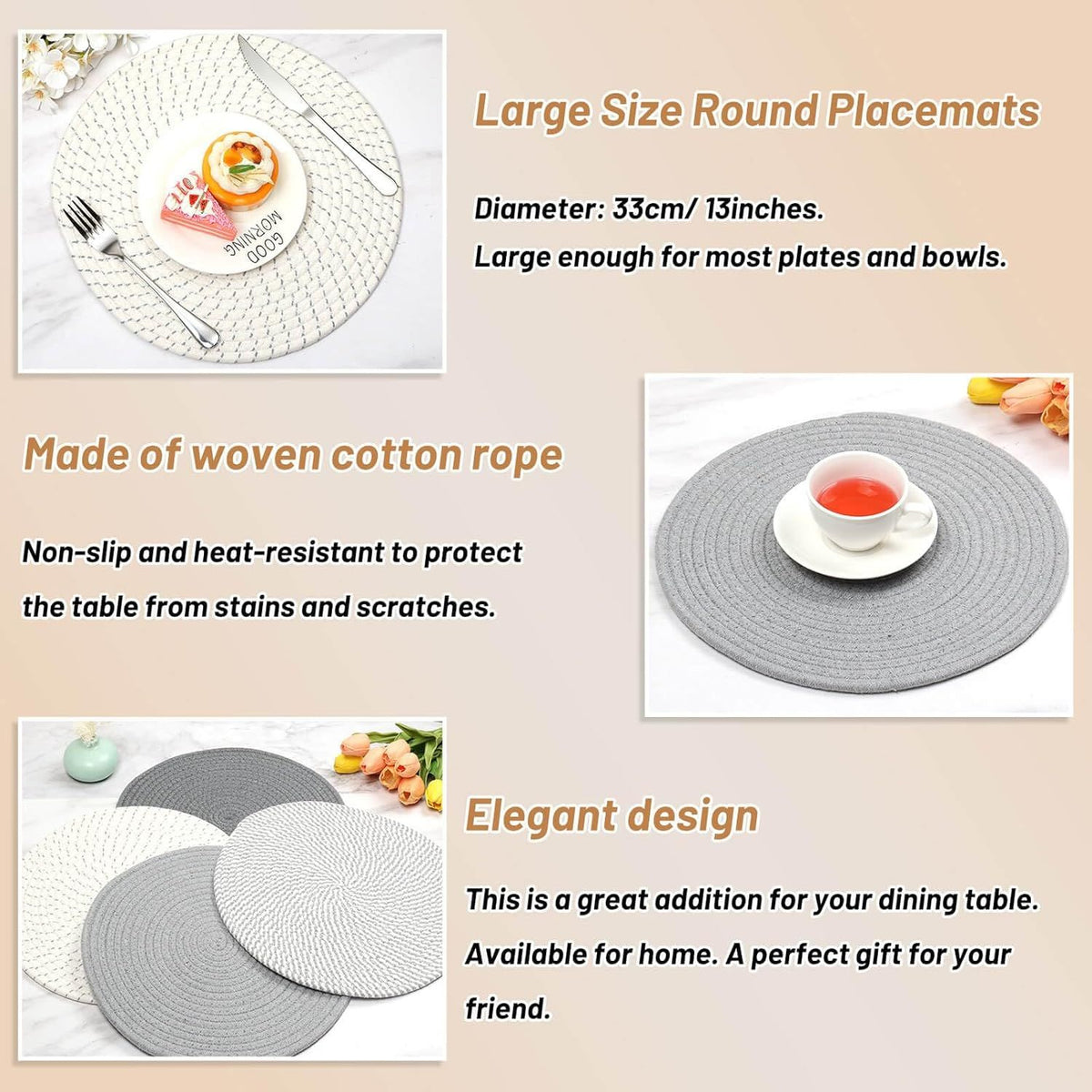 Round Woven Placemats Set of 4, 13 Inches Kitchen Table Place Mats for Dining Table, Trivets for Hot Pots and Pans, Boho Table Decorations for Table Setting, Tabletop Accessories
