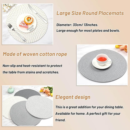 Round Woven Placemats Set of 4, 13 Inches Kitchen Table Place Mats for Dining Table, Trivets for Hot Pots and Pans, Boho Table Decorations for Table Setting, Tabletop Accessories