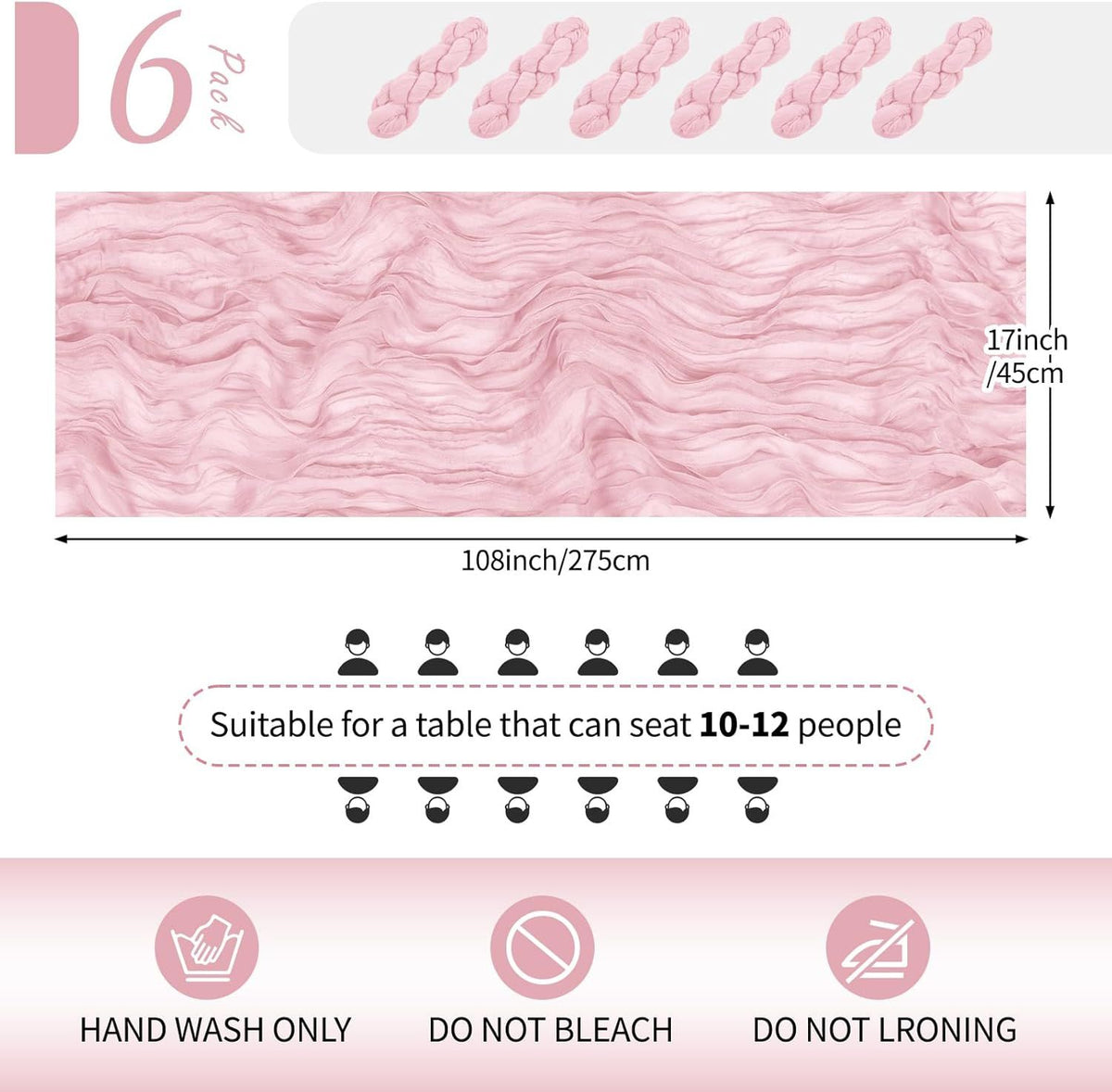 6 Pack Light Pink Cheesecloth Table Runner 17x108 Inch Semi Sheer Boho Gauze Cheese Cloth Fabric Table Runners Table Decor for Wedding Party Baby Shower Birthday Home Decor Garden Farmhouse
