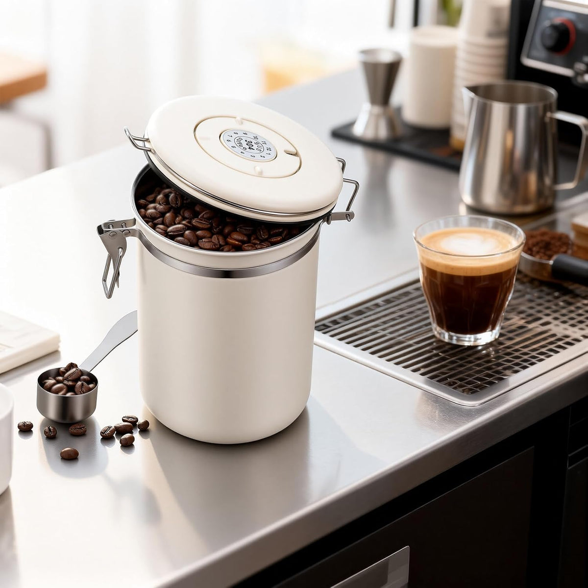 Stainless Steel Coffee Canister - 22OZ Airtight Coffee Bean Storage Grounds Container Holder with Date Tracker & Measuring Scoop, Kitchen Food Canister Jar for Cereal, Sugar, Tea, Flour, Gifts
