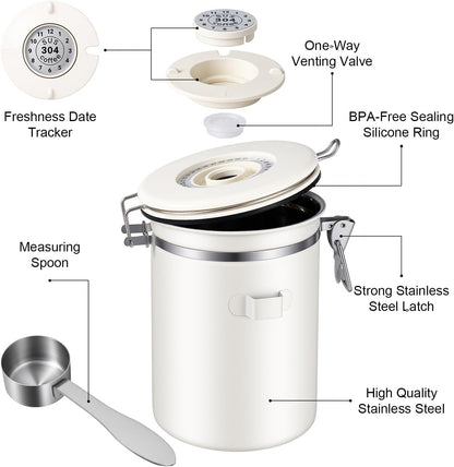 Stainless Steel Coffee Canister - 22OZ Airtight Coffee Bean Storage Grounds Container Holder with Date Tracker & Measuring Scoop, Kitchen Food Canister Jar for Cereal, Sugar, Tea, Flour, Gifts