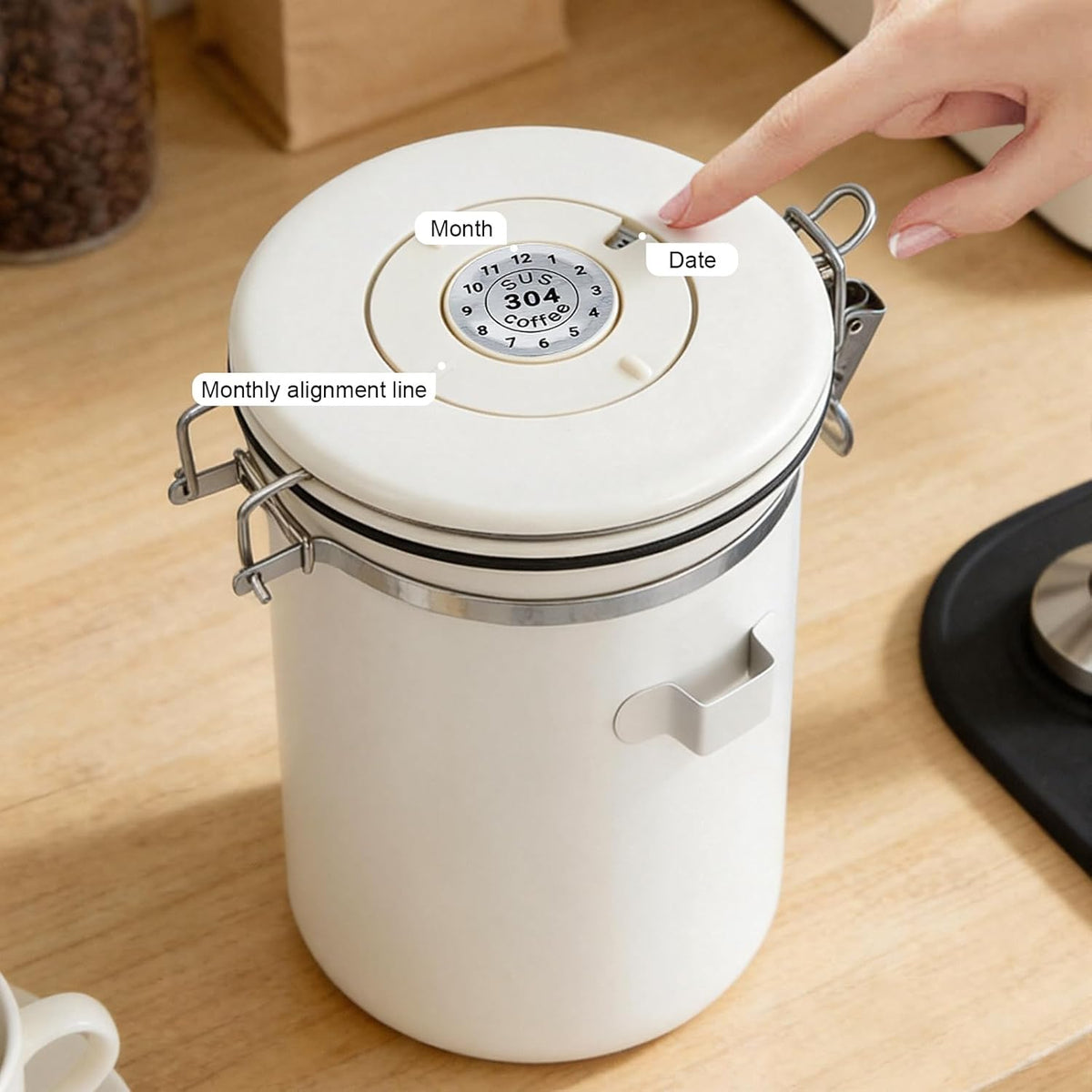 Stainless Steel Coffee Canister - 22OZ Airtight Coffee Bean Storage Grounds Container Holder with Date Tracker & Measuring Scoop, Kitchen Food Canister Jar for Cereal, Sugar, Tea, Flour, Gifts