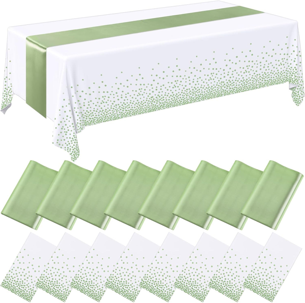 16 Pcs White and Sage Green Disposable Plastic Tablecloths and Satin Table Runner Set 54x108 Inch Tablecloth 12x108 Inch Table Runners for New Year Wedding Birthday Baby Shower Graduation