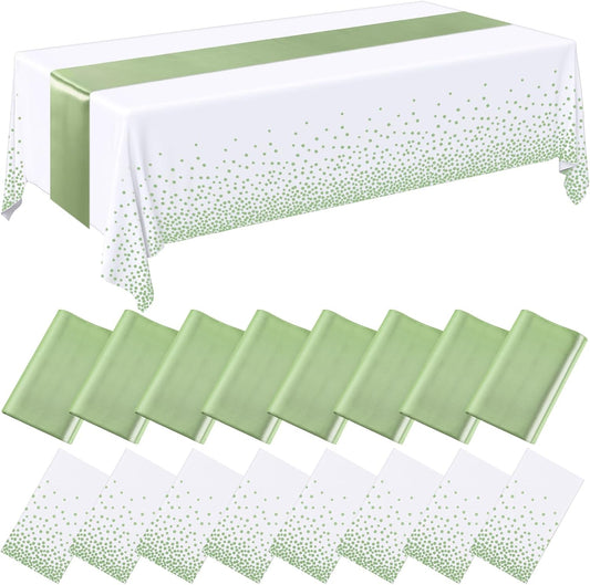 16 Pcs White and Sage Green Disposable Plastic Tablecloths and Satin Table Runner Set 54x108 Inch Tablecloth 12x108 Inch Table Runners for New Year Wedding Birthday Baby Shower Graduation