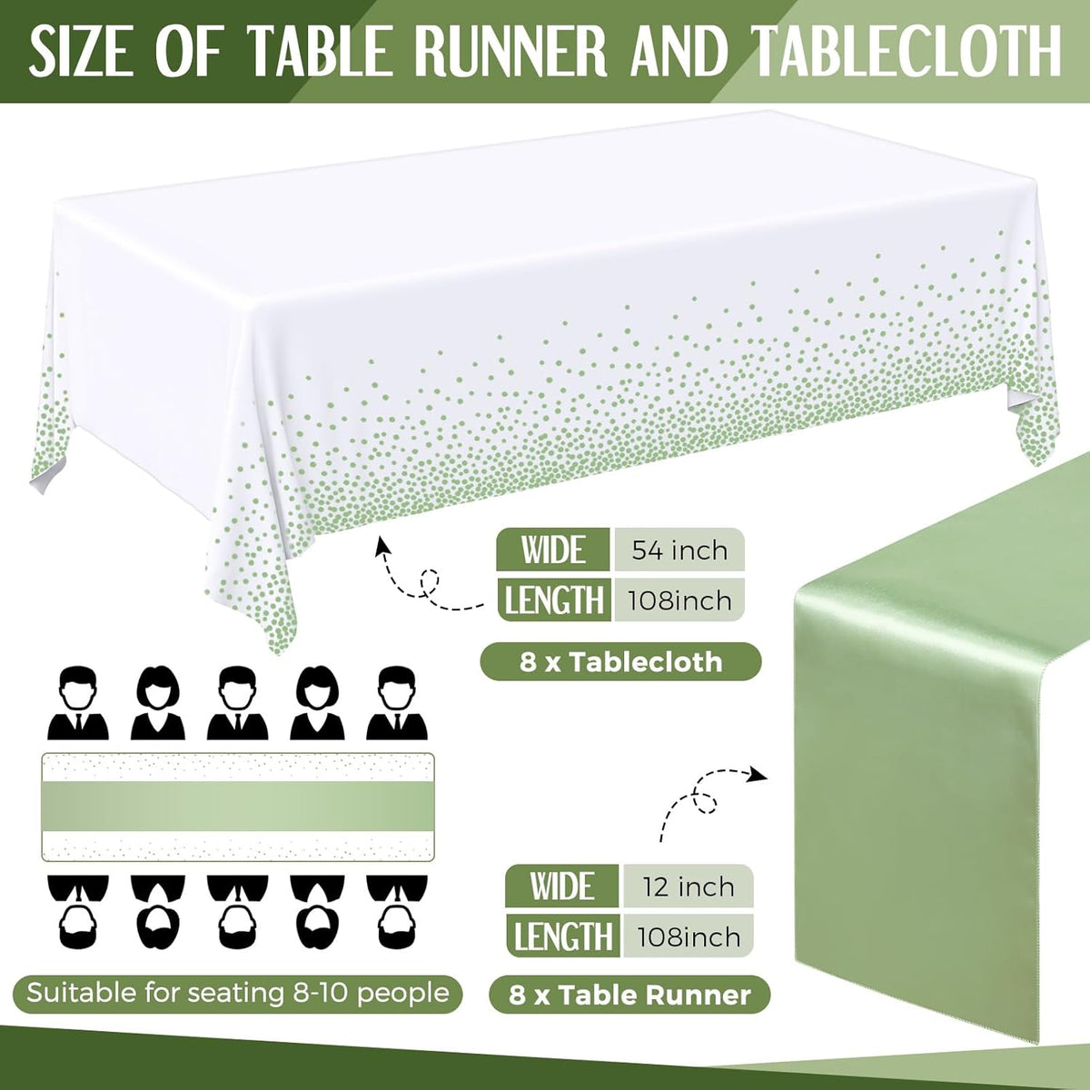 16 Pcs White and Sage Green Disposable Plastic Tablecloths and Satin Table Runner Set 54x108 Inch Tablecloth 12x108 Inch Table Runners for New Year Wedding Birthday Baby Shower Graduation