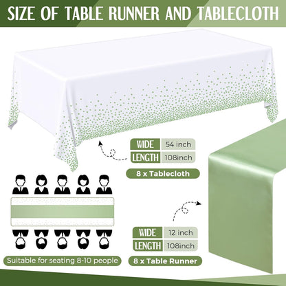 16 Pcs White and Sage Green Disposable Plastic Tablecloths and Satin Table Runner Set 54x108 Inch Tablecloth 12x108 Inch Table Runners for New Year Wedding Birthday Baby Shower Graduation