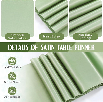 16 Pcs White and Sage Green Disposable Plastic Tablecloths and Satin Table Runner Set 54x108 Inch Tablecloth 12x108 Inch Table Runners for New Year Wedding Birthday Baby Shower Graduation