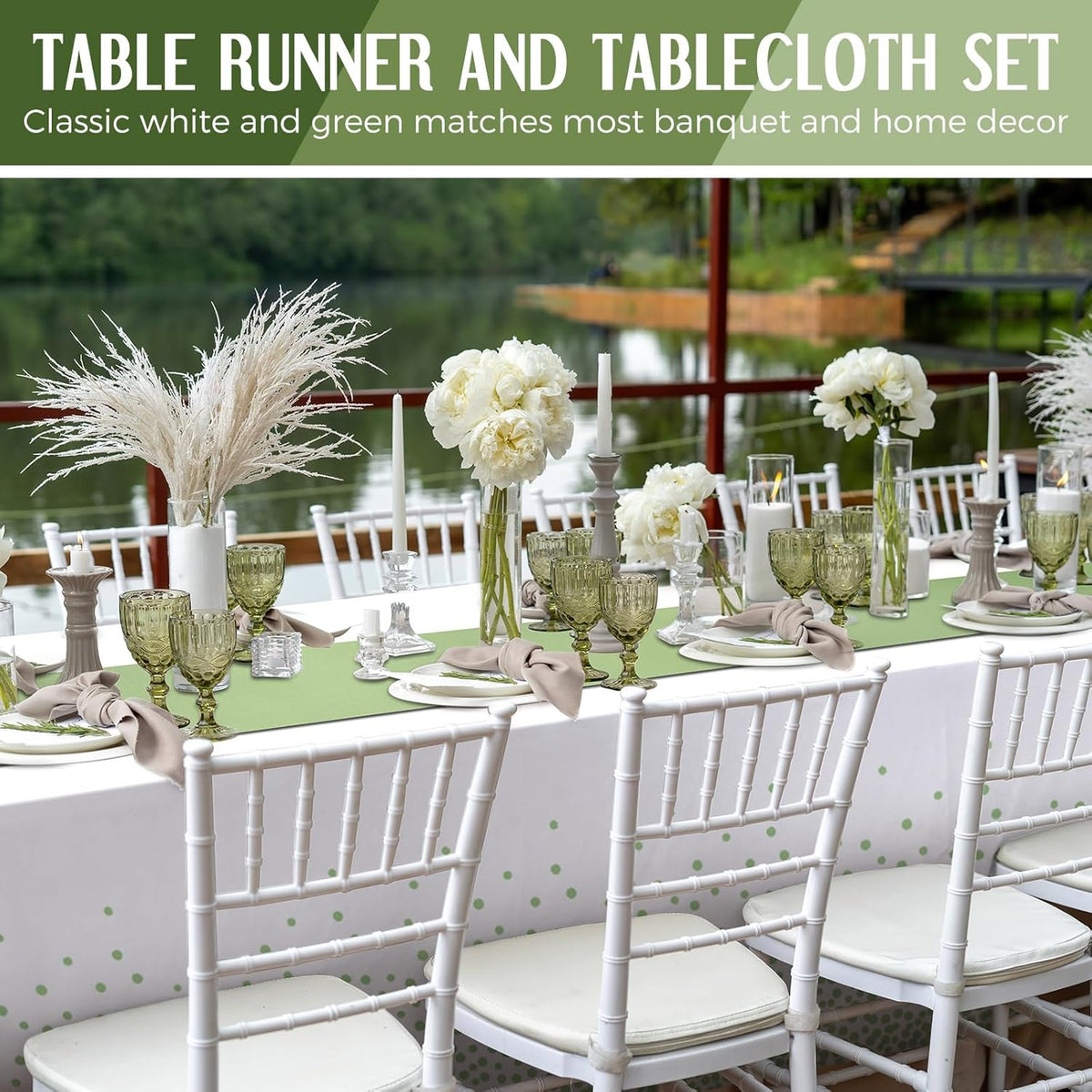 16 Pcs White and Sage Green Disposable Plastic Tablecloths and Satin Table Runner Set 54x108 Inch Tablecloth 12x108 Inch Table Runners for New Year Wedding Birthday Baby Shower Graduation