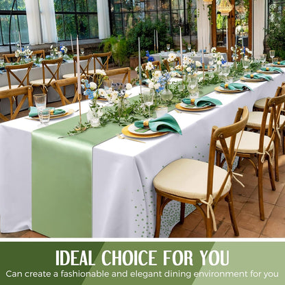 16 Pcs White and Sage Green Disposable Plastic Tablecloths and Satin Table Runner Set 54x108 Inch Tablecloth 12x108 Inch Table Runners for New Year Wedding Birthday Baby Shower Graduation